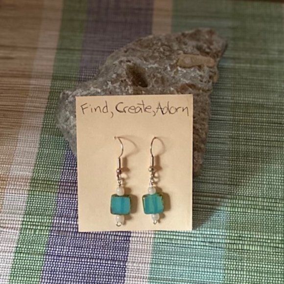 Hand Crafted Jewelry - Blue-Green Square Glass & Silver Handmade Earrings - NWT